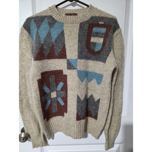 Vintage Thane Sweater Mens Medium Beige Geometric Pattern Scottish Shetland Wool